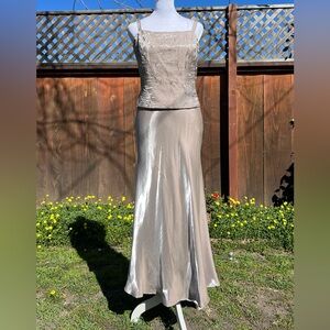 KM Collections by Milla Belle Metallic Beige Beaded Top Formal Maxi Dress Sz. 10